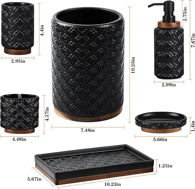 RQYIXI Elegant Bathroom Accessories Set 6 PCS Ceramic and Wood Bathroom Accessory Set Soap Dispenser Toothbrush Holder Tumbler Soap Dish Tray Trash Can Easy to Clean Quatrefoil Pattern Black