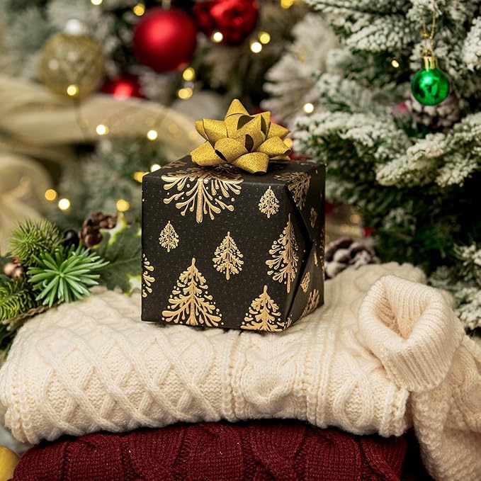 Flyhill Black Kraf Christmas Wrapping Paper,Gold 3D Embossed Foil Christmas Pine Tree with Woodlands Wrap Paper for Holiday, Party,Celebration, New Year (17 Inch X 32.8 Feet)