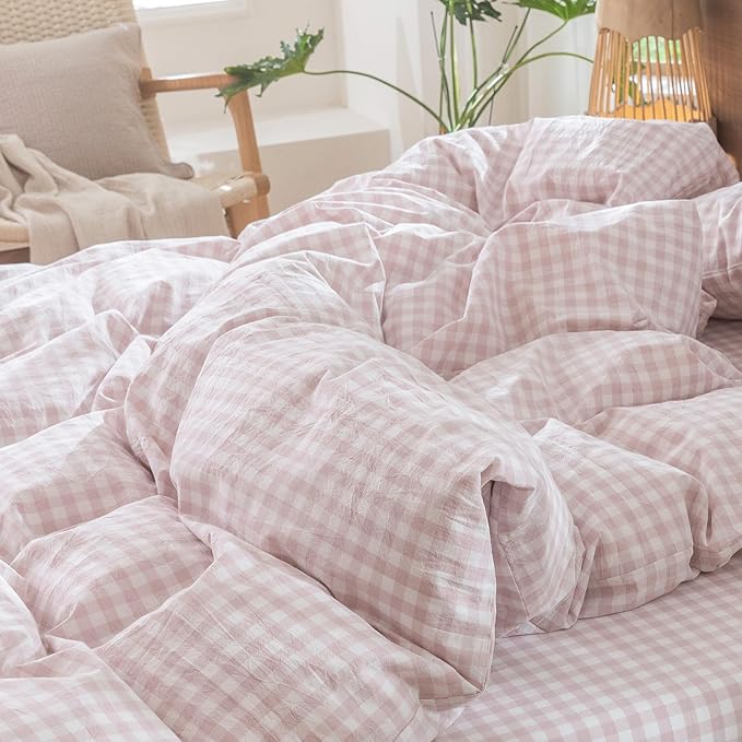 MooMee Gingham Duvet Cover Set 100% Washed Cotton Linen Like Textured Breathable Durable Soft Comfy Modern Checkered Design (Classic Gingham Greyish Pink, Twin 68"x90")