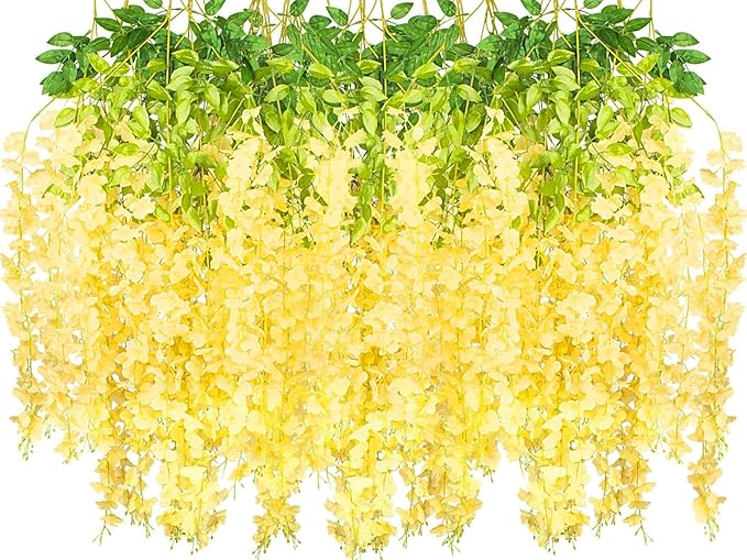 12 Pack Artificial Flowers Silk Wisteria Vine Ratta Hanging Flower (Champagne)