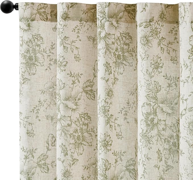 jinachan Linen Blend Floral Curtains for Living Room 90 Inch Length Christmas Sage Green Printed Curtain Rod Pocket Back Tab Farmhouse Peony Flower Patterned Drapes Bedroom Curtains Set 2 Panels