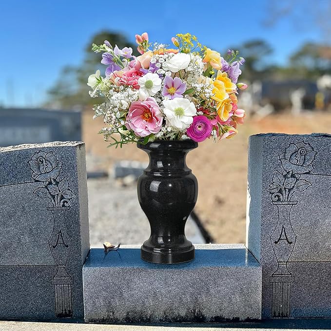 Cemetery Vase, Turned Granite Vase Polished, Black Memorial Stone Vases with Draining Holes for Home Tabletop, Cemetery Flowers, Grave Headstone Decorations (2Pcs, Black)