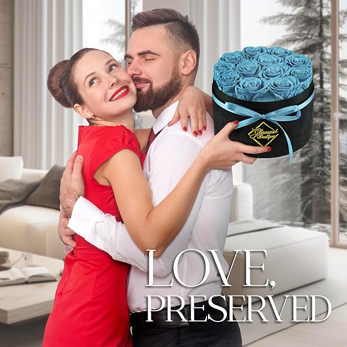 GLAMOUR BOUTIQUE Flowers Forever Gift Box 12 Real Preserved Roses in a Velvet Box, Birthday for Her Mom and Wife, Mothers Day, Anniversary, Graduation - Teal