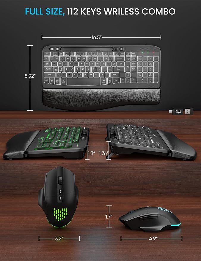 SABLUTE Wireless Keyboard and Mouse Combo - Ergonomic Wave Keyboard with Soft Leather Wrist Rest, Phone Holder, Rechargeable, RGB Backlit Mouse, Full-Size Set for Windows/Mac/Computer (Black)