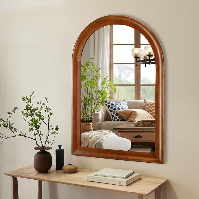 Tanmicoshomy Wood Bathroom Mirror for Wall 24x36 Inch,Rustic Wall Mirrors with Tempered Glass for Living Room, Bedroom or Entryway(Walnut)