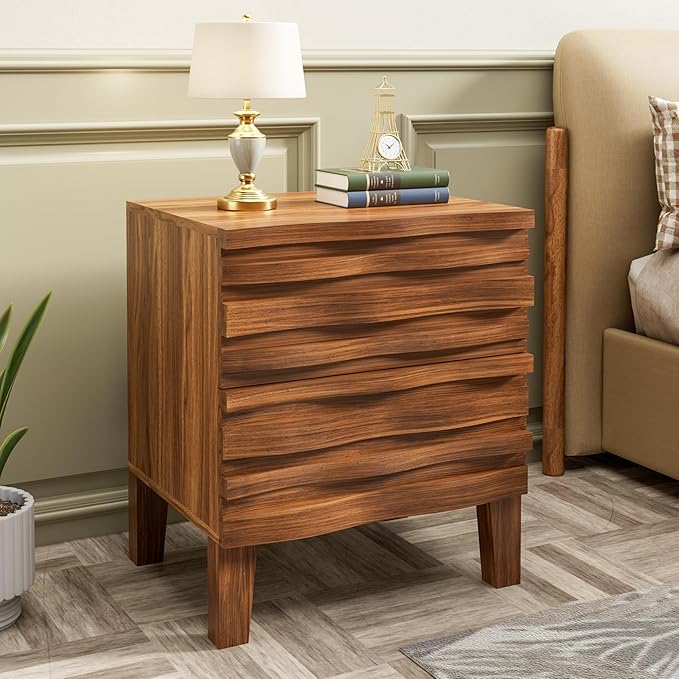UEV Solid Wood Nightstand Set of 2, 19.7" W Boho Nightstand with 2 Drawers, Fluted Wood Night Stand, Mid Century Modern Bed Side Table for Bedroom,Living Room, Natural Wood