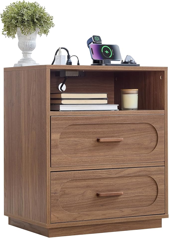 Walnut Night Stand with Charging Station, 21.7" Wide Wood End Table with 2 Storage Drawers, Open Shelf & Unique Base, Mid Century Modern Bedside Table for Bedroom, Living Room, Walnut