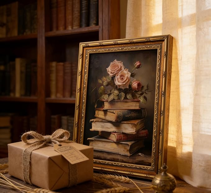 Vintage Gold Framed Retro Floral Books Wall Art Flowers Book Wall Decor Rose and Books Painting Pictures Retro Literary Pictures Artwork for study Gallery Living Room Bedroom 9X11in