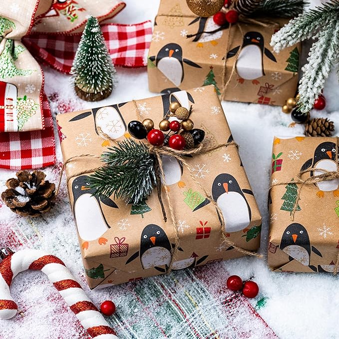 MAYPLUSS Christmas Wrapping Paper Roll - 17IN X 33FT - Kraft Gift Wrapping Paper Featuring Cute Penguin Christmas Tree Snowflake Reversible Cut Lines for Kids, Holiday, New Year