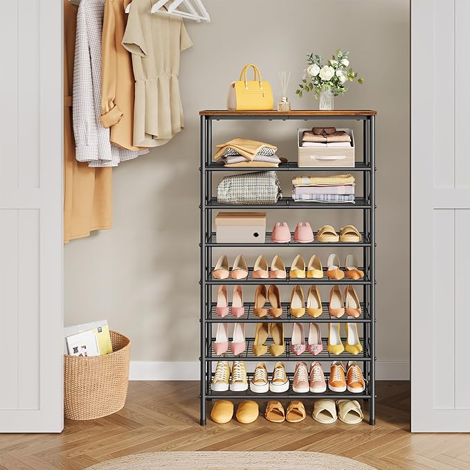 Tajsoon 8 Tier Free Standing Shoe Rack for 28-32 Pairs, X Shape Fixed Frame Metal Mesh Shoe Rack for Closet, Rustic Brown & Black