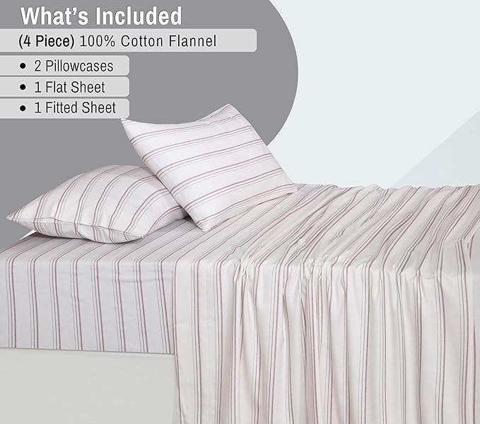 RUVANTI Flannel Sheets Queen Size - 100% Cotton Double Brushed Bed Sheets, Deep Pockets 16 Inches Queen Sheet Set, All Seasons Breathable & Extra Soft - Warm & Cozy, 4 Piece, Twill Stripe