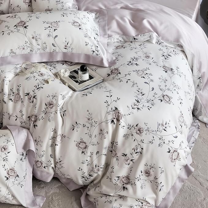 VM VOUGEMARKET Lyocell Duvet Cover King with 2 Pillow Shams,Vintage Garden Flower Bedding Set,Silky Soft, Cool-to-The-Touch Comforter Cover for Hot Sleeper-King,Purplish Grey