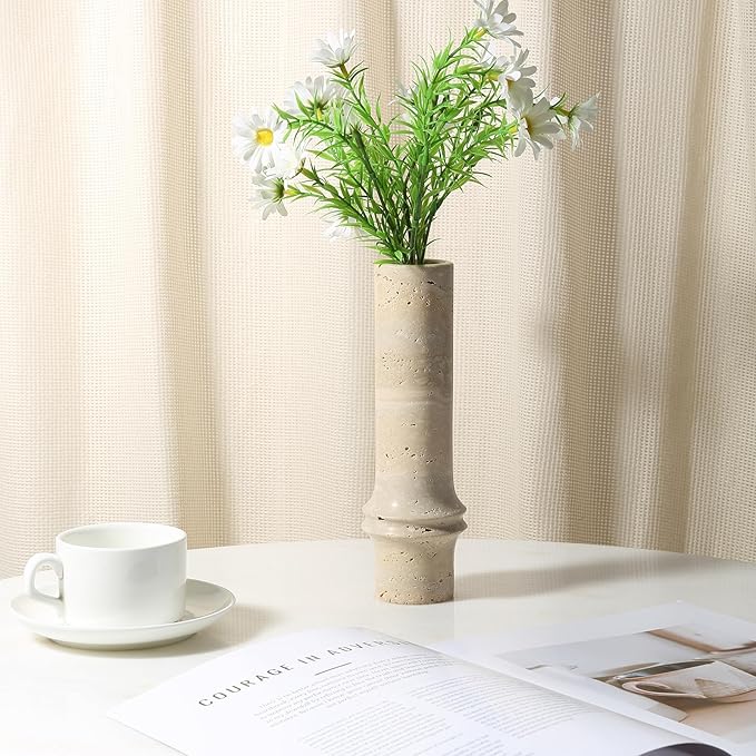 Flower Vase for Home Decor, Marble Bamboo Vase Rustic Vintage Decorations for Living Room, Table, Bathroom, Holiday & Weddings (Travertine)
