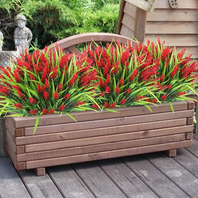 Ouddy Decor 24 Bundles Artificial Flowers for Outdoors, Fake Lavender Flowers Monkey Grass Faux Plastic Plants Shrubs UV Resistant for Porch Garden Window Box Office Home Decorations, Red