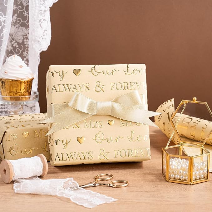RUSPEPA Brown Wedding Wrapping Paper, Mini Roll, Luxury Gold Foil LOVE Design, Perfect for Wedding, Bridal Shower, Anniversary, 17 Inches x 16.5 Feet