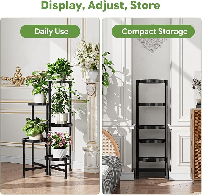 Simple Trending Plant Stand Indoor Outdoor, 5-Tiers Metal Corner Shelf, Tall Display Rack with 5 Rotating Trays, Heavy Duty Flower Holders for Patio Garden Balcony Living Room Bedroom, Black