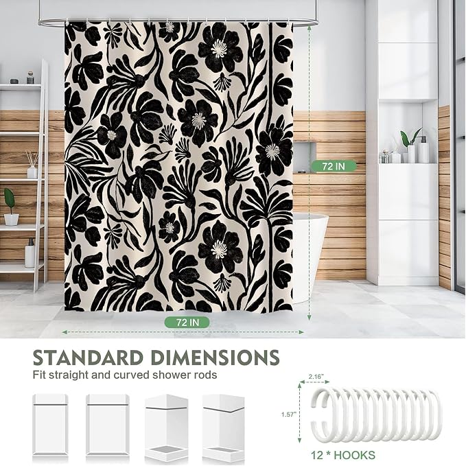 Black Boho Vintage Floral Shower Curtain,Mid Century Modern Retro Cute Abstract Flower Leaves Aesthetic Bathroom Decoration,Polyester Fabric Waterproof Bath Curtain 72x72 Inch with 12 Hooks