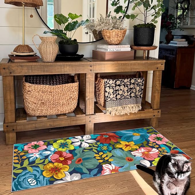 Front Door Mat Indoor Entrance - 2x4.3 Ft Floral Washable Layered Doormat Outdoor Entrance Porch Rug Non-Slip Spring Colorful Flower Runner Rug for Kitchen Bedroom Laundry Room Porch Decor