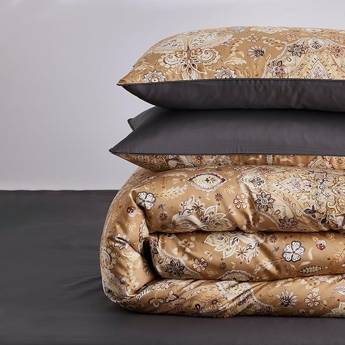 mixinni Long Staple Cotton Percale Golden Paisley Duvet Cover Queen Size Boho Floral Pattern 3 Pieces Soft Aesthetic Bedding Set for Him and Her, 1 Duvet Cover and 2 Pillowcases for All Seasons