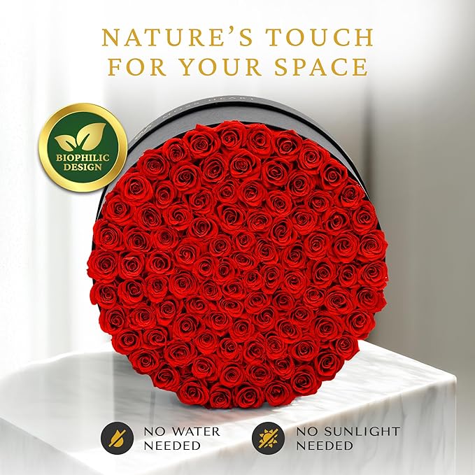 100 Preserved Roses, Forever Flowers for Delivery in Designer Round-Shaped Box, Petite Long-Lasting Buds for Women, Eternal Rose Bouquet for Mothers Day, Girlfriend's Birthday