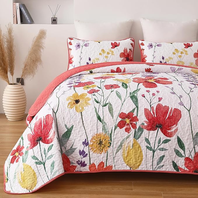Anibedding Floral Quilt Set Queen Size, Red Bedspread 3 Pieces Botanical Flower Bedding Set Soft Microfiber for All Season (Queen, 96"x90")