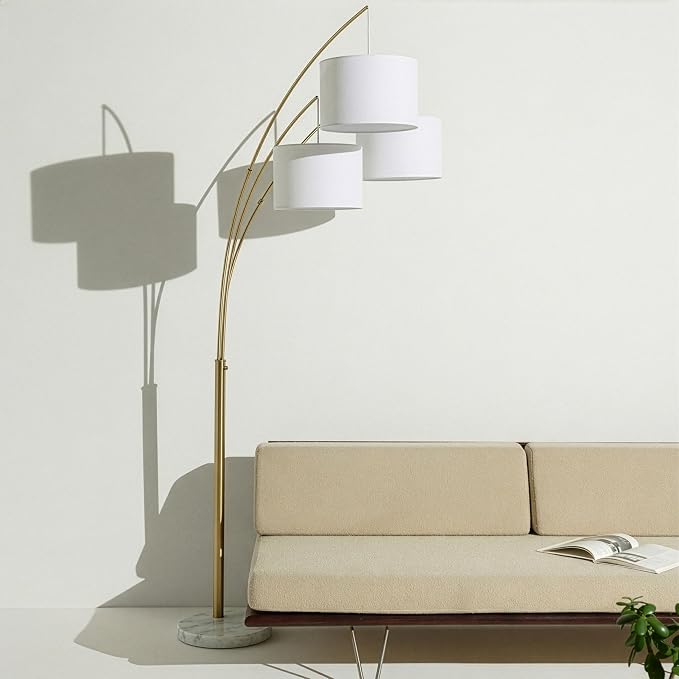 Brightech Trilage Arc Floor Lamp - Large Standing Lamp with 3 Fabric Shades & LED Bulbs for Living Room Over the Sofa, Reading, Multi-Head Traditional Tree Floor Lamp for Bedroom - Brass
