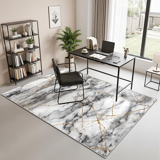 Merelax 4x6 Area Rug for Livingroom Bedroom - Washable Non-Slip Abstract Grey Rug, Indoor Floor Carpet Low Pile Soft Rug for Entryway, Mudroom, Kitchen, Modern Aesthetic Home Decor, Gray&Gold