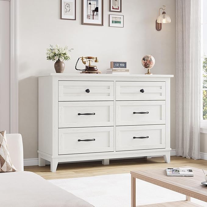 GarveeHome 6 Dresser for Bedroom, 47 in Wide Drawer Dresser with Storage Freestanding, Wooden Closet Storage Chest for Living Room, Bedroom, Entryway, White
