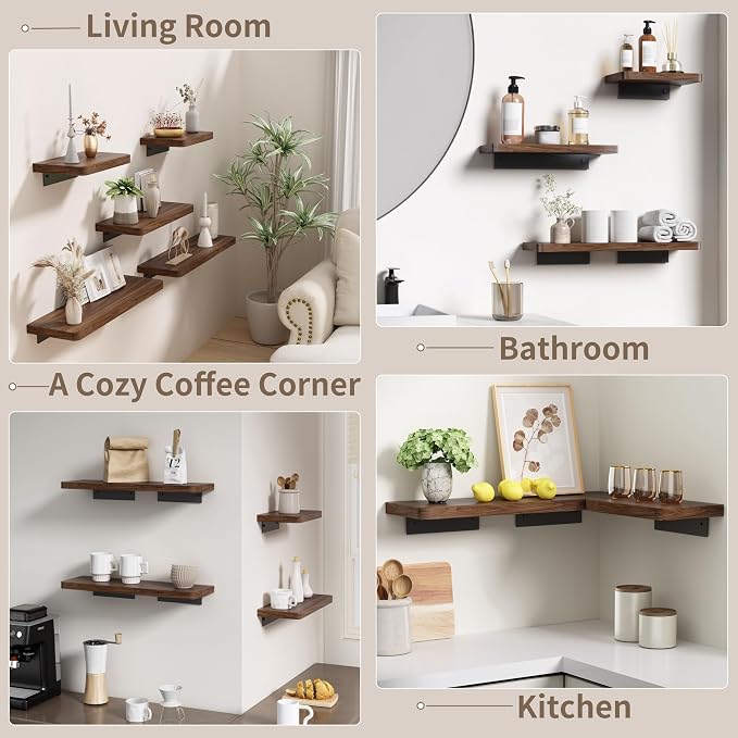Danpoo Solid Walnut Floating Shelf, 8 inch Small Natural Wood Wall Mounted Shelf for Bathroom, Kitchen, Bedroom, Living Room, Farmhouse Decor