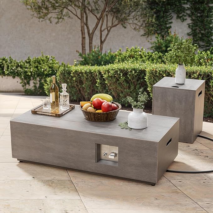 2-Piece 42" Rectangular Propane Fire Pit for Outside Patio with Hidden Tank Table, 50,000 BTU Fireplaces with Glass Wind Guard, Lid, Glass Rocks, Cover(Sand Beige)