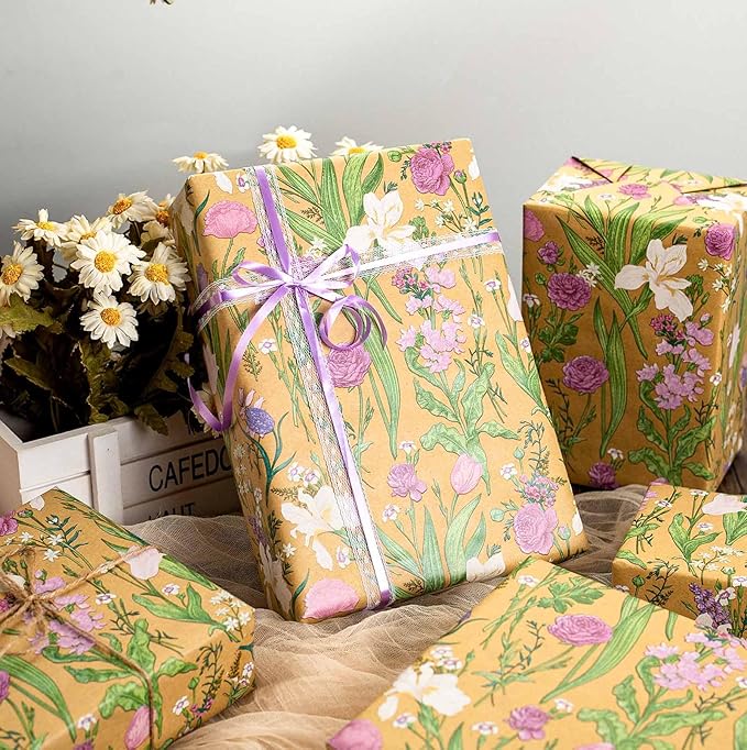 MAYPLUSS Kraft Floral Wrapping Paper Roll - 17Inch x 16.5Feet - Colorful Watercolor Boho Forest and Garden Flower Gift Wrap Green Wedding Gift Wrap for Birthday, Mothers Day, Bridal Shower, Engagement