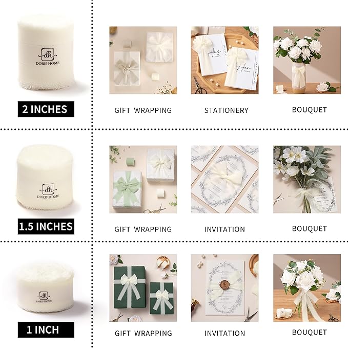 DORIS HOME Cream White Chiffon Ribbon for Flower Bouquet, 1" x21Yd Fabric Ribbon for Gift Wrapping, Handmade Frayed Ribbon for Wedding Invitations/Christmas Decorations