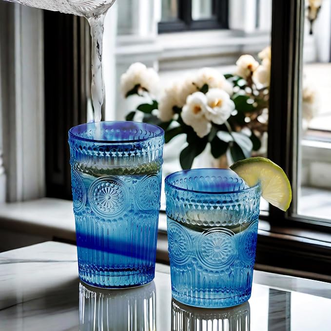 Loivttvv 12pcs Vintage Drinking Glasses Set, 12 oz Highball Glasses & 9 oz Embossed Ribbed Glassware Cups for Cocktail, Water, Juice, Coffee, Whiskey (Blue)