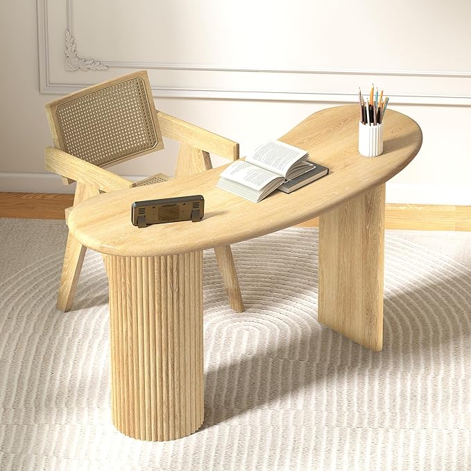 LEVNARY 54.3" Curved Small Computer Desk, Wooden Executive Desk with Sturdy Fluted Legs, Modern Luxury Corner Single Writing Vanity Desk for Bedroom Living Room Home Office (Natural)