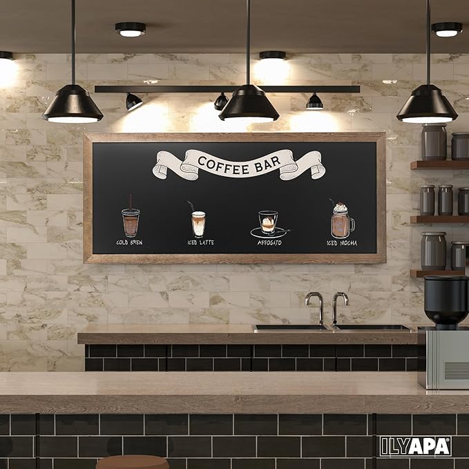 Ilyapa Extra Large Black Magnet Board for Wall - 58 x 25 Inch Wood Wall Hanging Menu for Restaurant, Food Truck, Kitchen or First Day, Barnwood Color