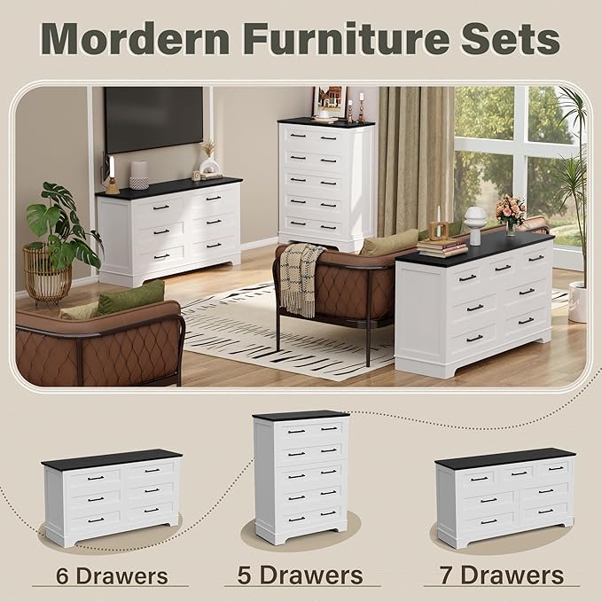 YESHOMY Tall Dresser for Bedroom, Farmhouse 5 Drawers Dresser, Chest of Drawer Chest, Multi-Tier Clothing Storage Cabinet, White and Black