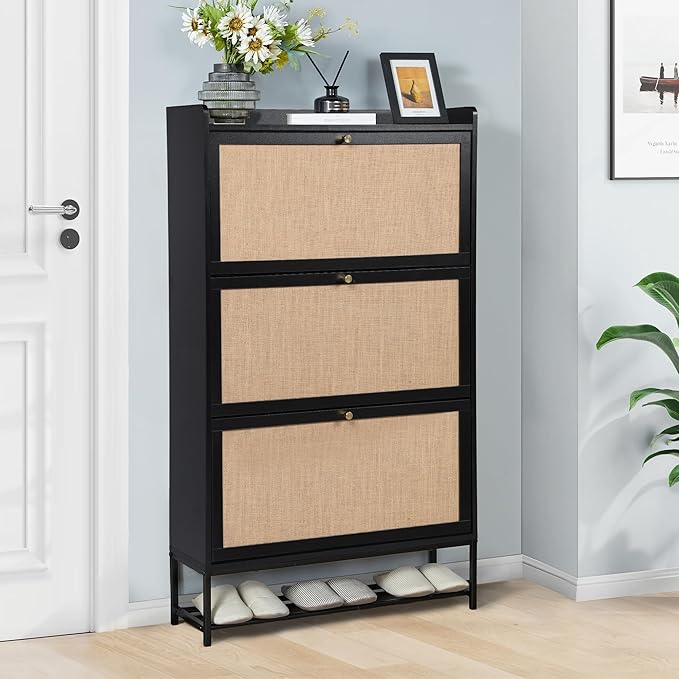 LEVNARY Shoe Cabinet for Entryway, Slim Shoe Cabinet with 3 Flip Drawers Narrow Shoe Storage Cabinet, 4 Tier Freestanding Shoe Organizer for Entryway, Hallway (2, Black)