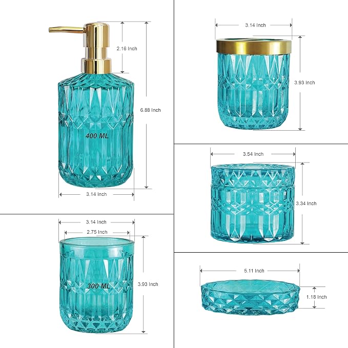 LaMarriti Teal Blue Bathroom Accessories Set, 5Pcs Clear Glass Bathroom Set, Hand Soap Dispenser Set, Soap Dish, Toothbrush Holder, Tumbler, Q-Tips Holder for Crystal Vantage Bathroom Decor
