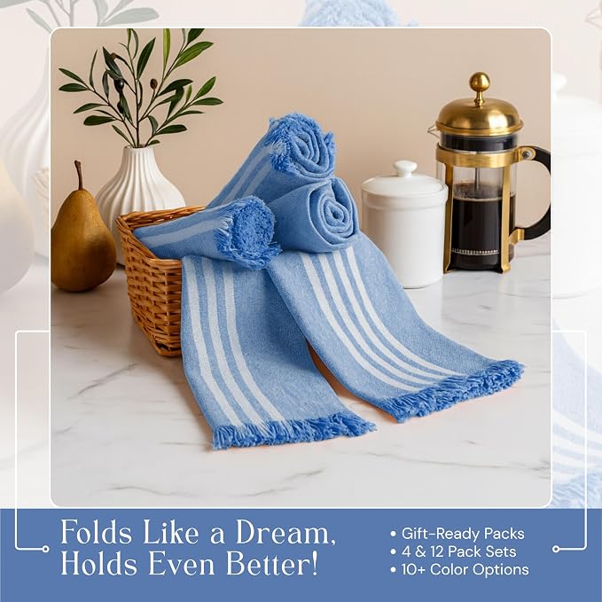Stripe Kitchen Dish Towels 12 Pack, 16x26 Inches, 100% Cotton Tea Towels, Quick Dry Wash Rags, Reusable and Washable Dishcloths, Absorbent Hand Towel for Everyday Use - Sky Blue
