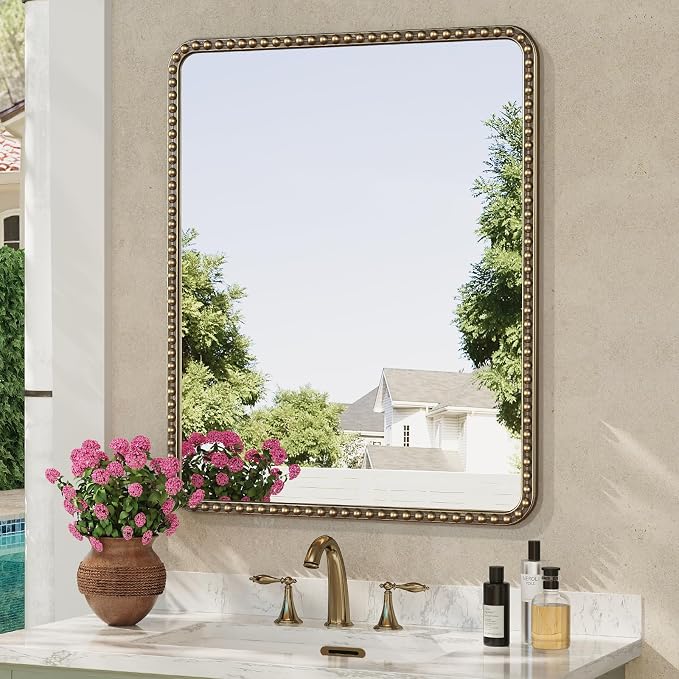 30"x36" Champagne Bronze Mirrors for Bathroom, Brass Vintage Bathroom Wall Mirror with Beaded Frame, Gold Beaded Mirror for Vanity Ornate Bedroom