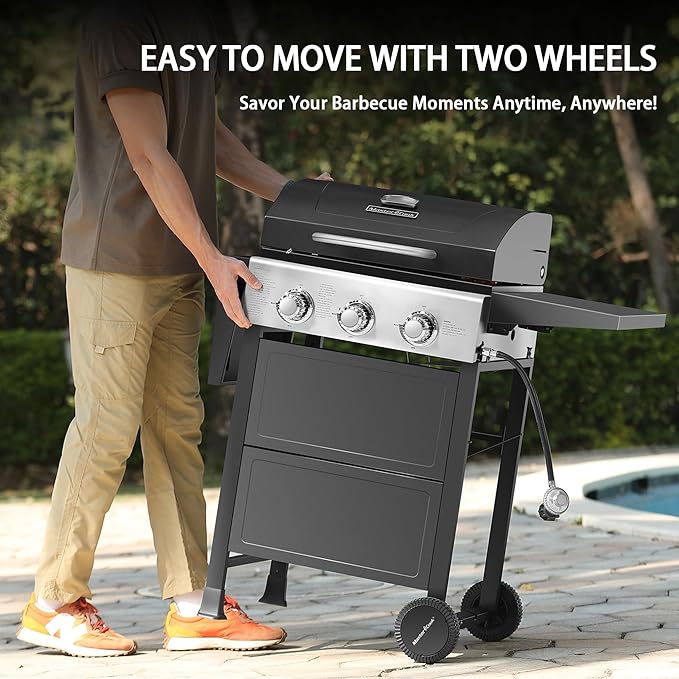 MASTER COOK 3 Burner BBQ Propane Gas Grill, 472 Sq. In. Cooking Area, 30,000 BTU Stainless Steel Barbecue Grill with Two Foldable Shelves for Outdoor Patio, Backyard