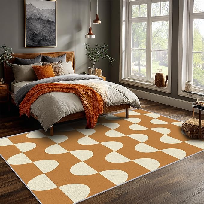 Caramel Dot Wave Area Rug 4 x 5 ft, Mid-Century Modern Geometric Rug, Brown Cream Abstract Washable Rug, Soft Low Pile Non-Slip Carpet for Living Room Bedroom Dining Room