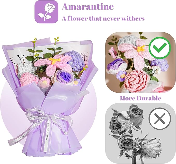 Crochet Flowers Bouquet 8PCS, Handmade Knitted Artificial Crochet Flower Gifts Tulips Roses Daisies Carnations, Preserved Flowers for Mother's Day Valentine's Day Birthday Home Decor- Purple (Purple)
