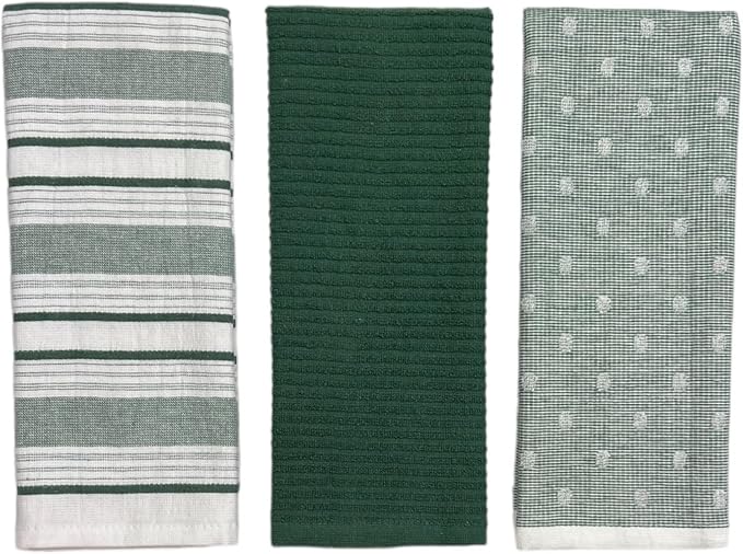 Dark Sage Green White Kitchen Hand Dish Towels: Oversized 28" x 16" 100% Cotton Cloth Soft Cleaning Drying Absorbent Striped Solid Polka Dot Design Set of 3, Multipurpose for Everyday Use