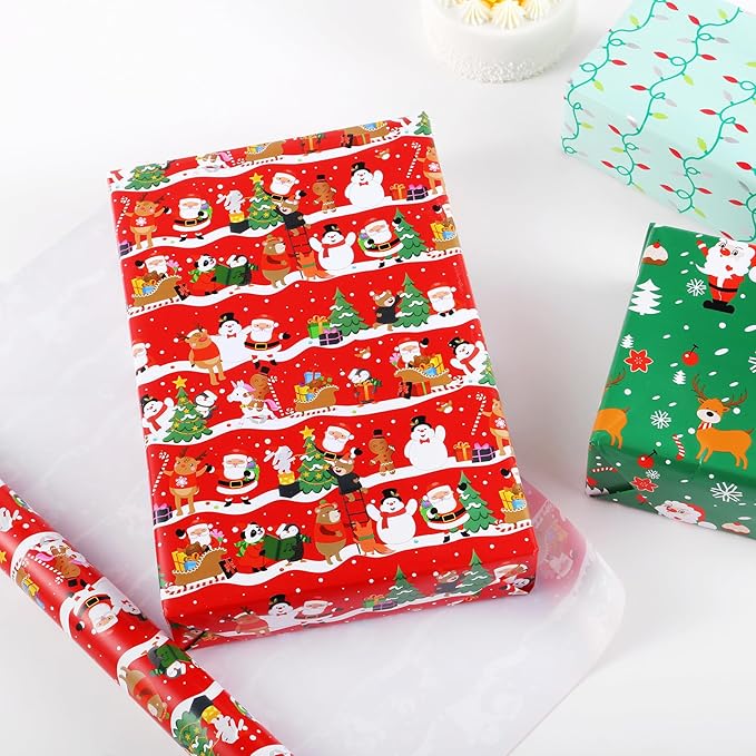 Miss DuiDui Green Red Christmas Wrapping Paper, 3 Rolls, 17 inch x 9.8 ft, Holiday Santa and Reindeer Design for Girls Kids Boys, Christmas, Party, Holiday