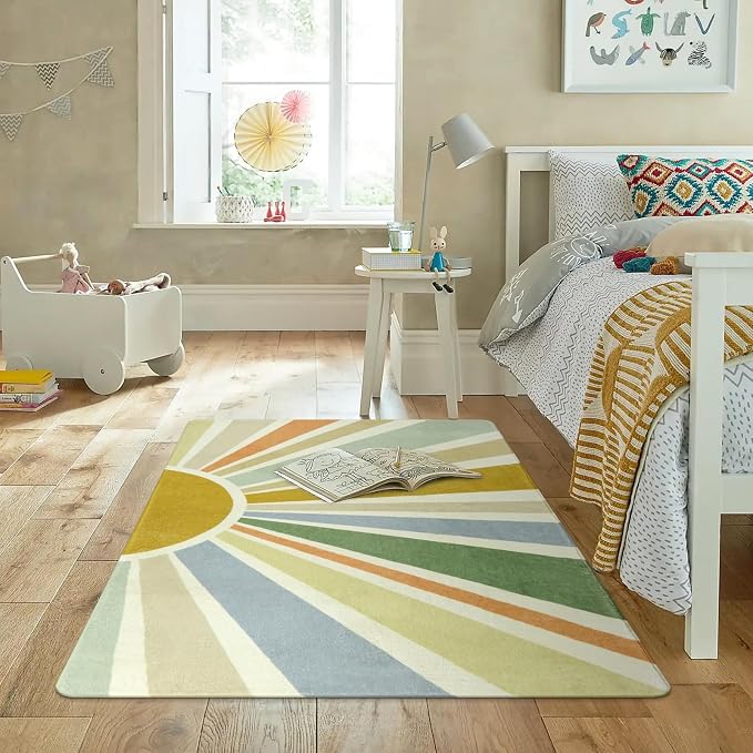 STARUIA Boho Washable Area Rug - 4'x6' Kids Playroom Rug, Non-Slip Modern Sun Carpet for Bedroom, Office, Nursery, Entryway, Dorm