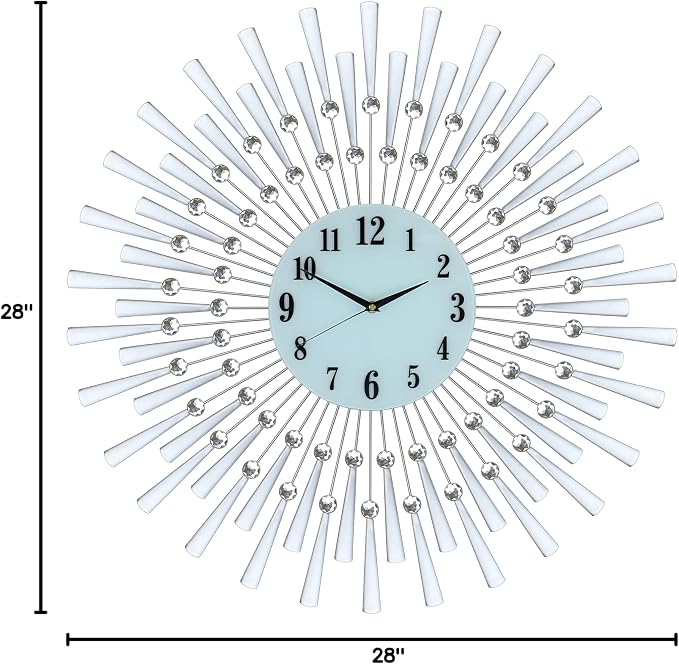 Large Silver Spoke Sunburst Wall Clock with Crystal Accents