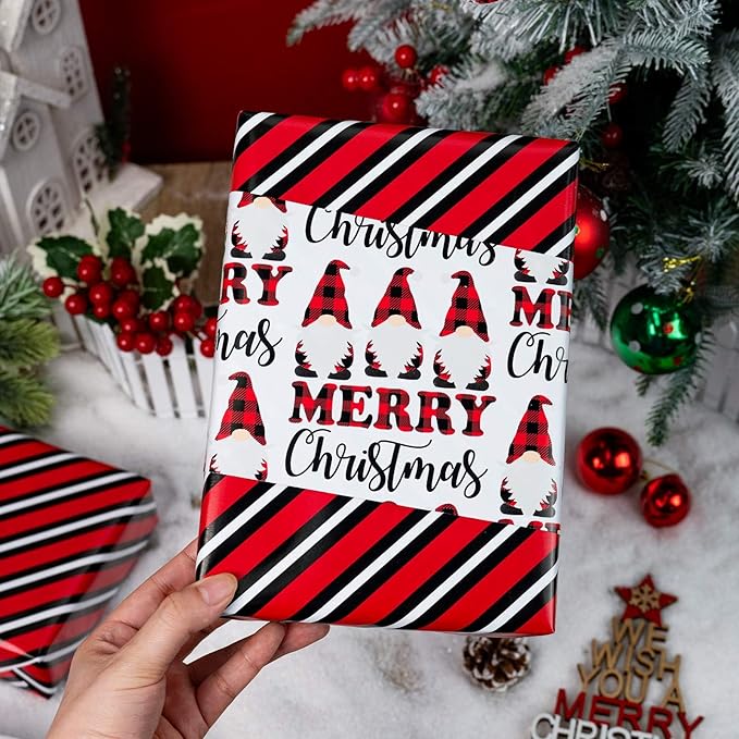 MAYPLUSS Christmas Wrapping Paper Roll, 17 Inch X 16.5 Feet Gift Wrapping Paper Featuring Gnome Merry Christmas Reversible Strip, Thick Wrap Paper for Holiday Party New Year Kids