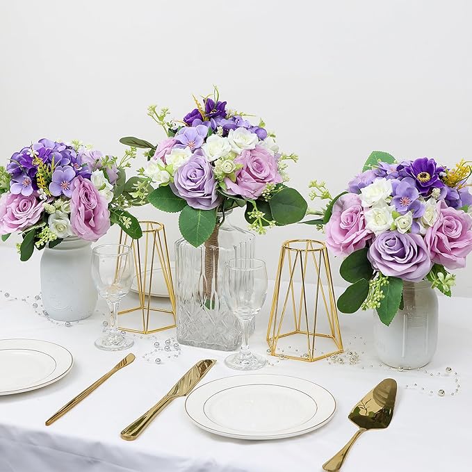 Bridesmaid Bouquets for Wedding - 7 Inch Artificial Flowers Bouquets for Ceremony Anniversary Centerpieces Decorations - Lilac & White