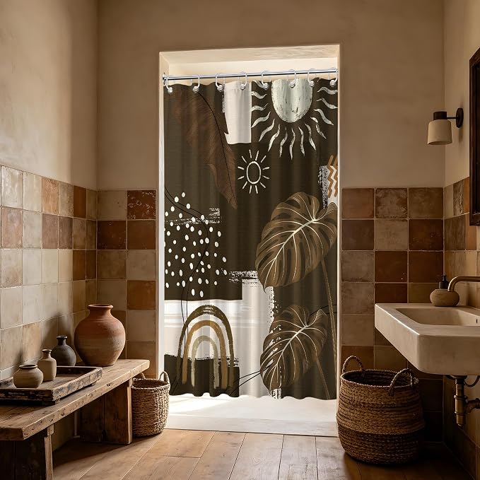 Dark Brown Mid Century Modern Shower Curtain Boho Abstract Khaki Earth Tone Shower Curtains for Bathroom Decor Sets, Waterproof Cloth Fabric with Hooks, 48 x 72 Inch